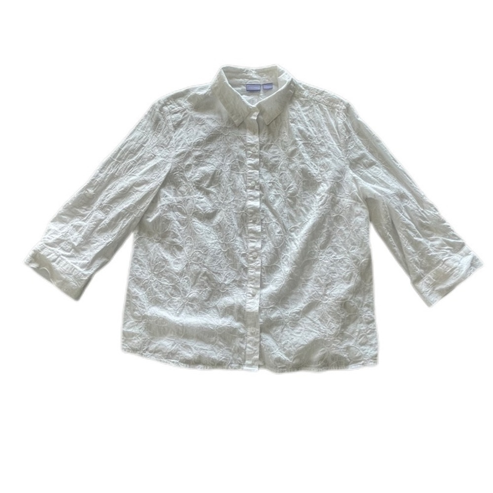 Laura Scott White Floral Embroidered 3/4 Roll Tab Sleeve Button Down Women’s XL - Picture 3 of 12